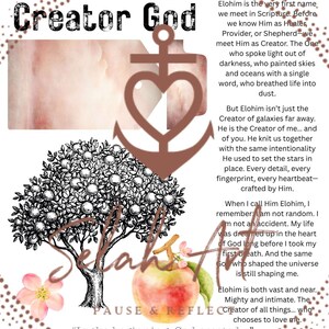 Può includere: Una stampa artistica decorativa con le parole "Elohim Creator God". L'immagine include un'ancora a forma di cuore, un albero con mele e il testo "Selah Art". La stampa presenta anche la citazione "In principio Dio creò..."
