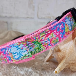 以下が含まれることがあります： ピンク、青、緑、黄色のトロピカル柄のカラフルな犬用首輪。 首輪は黒いプラスチック製のバックルと明るいピンク色の縁取りが付いています。 首輪は明るい色の表面に置かれています。