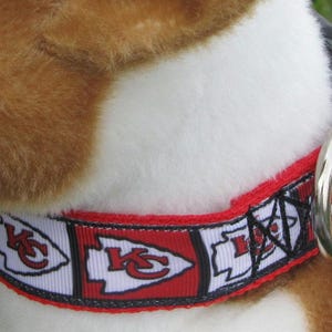 May include: Red, white and black dog collar with a Kansas City Chiefs logo. The collar has a silver metal D-ring and a black plastic buckle.