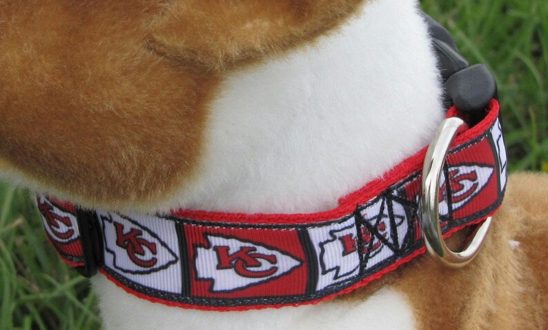 May include: Red, white and black dog collar with a Kansas City Chiefs logo. The collar has a silver metal D-ring and a black plastic buckle.