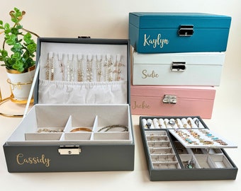 Custom Jewelry Box | Jewellery Storage Case, 2 Layer Leather Jewelry Boxes | Jewelry Display Storage Case with Lock Earrings Rings Necklace