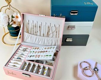 Jewelry Box for Women Girls Girlfriend, Personalized Jewelry Organizer Earring Ring, Travel Jewelry Box 2 layers, Large Jewelry Storage Box