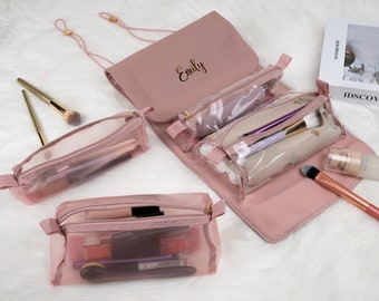 Custom Makeup Bag • Personalized Bridesmaid Gifts • Leather Hanging Toiletry Bag • Wedding Gift • Cute Cosmetic Bag • Birthday Gift