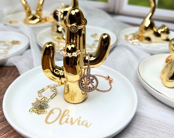 Ceramic Trinket Dish: Golden Cactus Ring Holder, Ring Dish for Woman