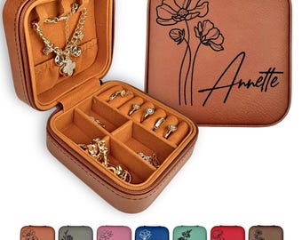 Engraved Jewelry Box, Leather Jewelry Travel Case, Bridesmaid Proposal Gift, Bridal Party Gift, Birth Flower Jewelry Case, Gifts for Her