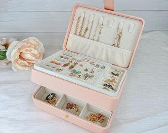 Vegan Leather Jewelry Organizer Box: 2-Layer Travel Case