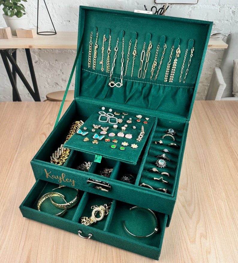 Personalized Large Jewelry Box for Women, Jewelry Organizer Box 2 Layers, Velvet Jewellery Box, Jewelry Travel Box, Jewelry Storage Case image 6