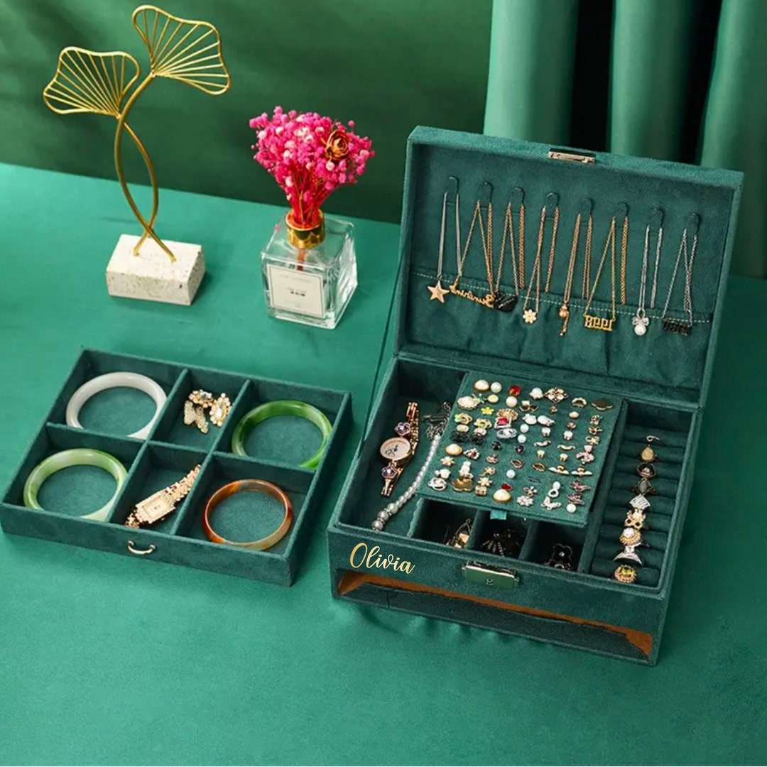 Personalized Velvet Jewelry Box for Women, Vintage Jewelry Box 2 Layers