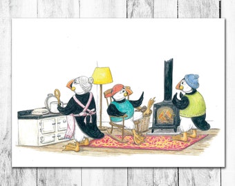 Aunt Agatha in her kitchen with Pipkin and Tarquin