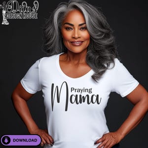 Christian t-shirt mockup with Praying Mama design in bold script