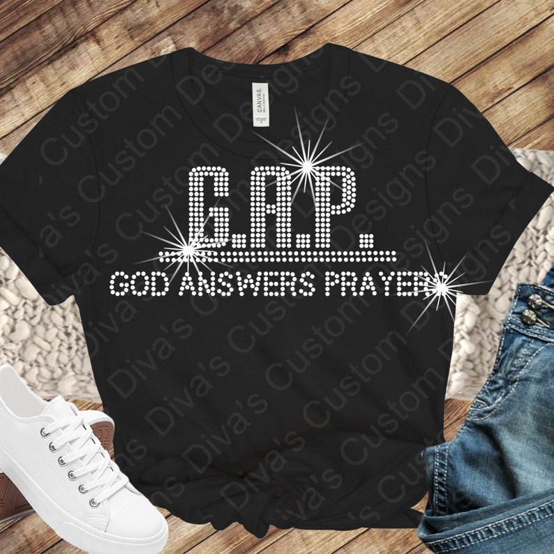 Rhinestone SVG file with the phrase ‘G.A.P. God Answers Prayers’ in dotted crystal layout, formatted for SS10 stones, ideal for faith-based t-shirts