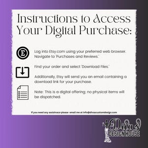 Pode incluir: Um papel branco com instru&ccedil;&otilde;es para aceder a uma compra digital, num fundo gradiente roxo e preto. O texto inclui os passos para descarregar ficheiros da Etsy e uma nota sobre ofertas digitais. A imagem tamb&eacute;m apresenta o log&oacute;tipo do vendedor.
