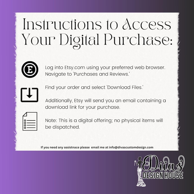 Pode incluir: Um papel branco com instru&ccedil;&otilde;es para aceder a uma compra digital, num fundo gradiente roxo e preto. O texto inclui os passos para descarregar ficheiros da Etsy e uma nota sobre ofertas digitais. A imagem tamb&eacute;m apresenta o log&oacute;tipo do vendedor.