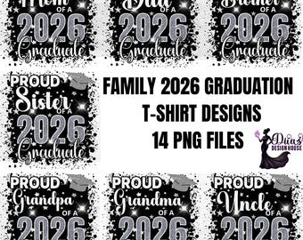 Graduation 2026 Family PNG Bundle | Black Silver Glitter Shirt Designs | 14 Sublimation Files