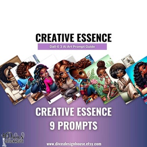 Op de afbeelding: Een collage van negen digitale illustraties met cartoonfiguren met verschillende huidtinten. Elk personage wordt afgebeeld in een andere pose en setting, met een verscheidenheid aan kleding en accessoires. De tekst "CREATIVE ESSENCE 9 PROMPTS" wordt onderaan de collage weergegeven.
