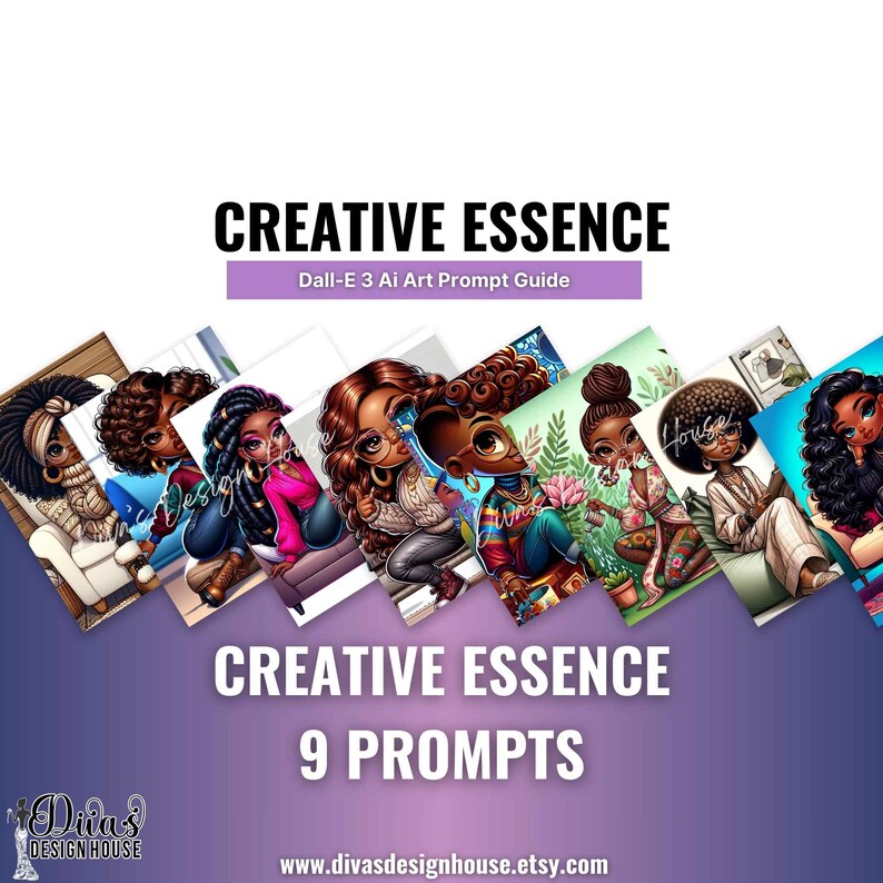Op de afbeelding: Een collage van negen digitale illustraties met cartoonfiguren met verschillende huidtinten. Elk personage wordt afgebeeld in een andere pose en setting, met een verscheidenheid aan kleding en accessoires. De tekst "CREATIVE ESSENCE 9 PROMPTS" wordt onderaan de collage weergegeven.