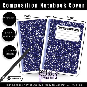 Op de afbeelding: Ontwerp van een compositie-notitieboekcover met een blauw en wit abstract patroon. De voorkant heeft een label met de tekst "COMPOSITION NOTEBOOK". Het notitieboek meet 19,05 x 24,77 cm. Inclusief PDF- en PNG-bestanden.