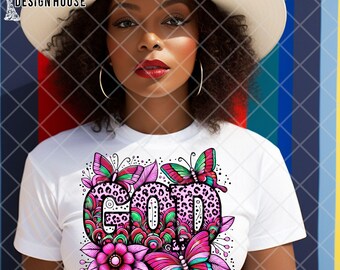 Floral Butterfly God PNG, Leopard Print, Christian T-Shirt Design (Digital Download)