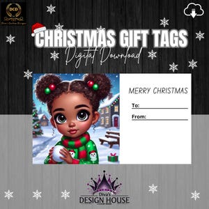 Digitale afroamerikanische kleine Mädchen Weihnachtsgeschenkanhänger 6 | AI Art & Kommerzielle Lizenz für kleine Geschäfte| Digitaler Download| Weihnachtsanhänger