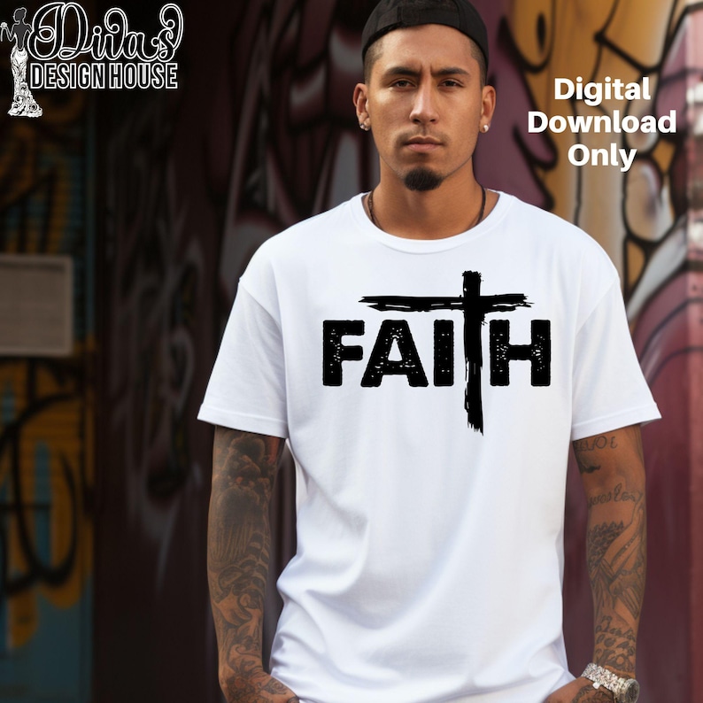 Faith PNG design with cross as T in distressed font – black and white digital files