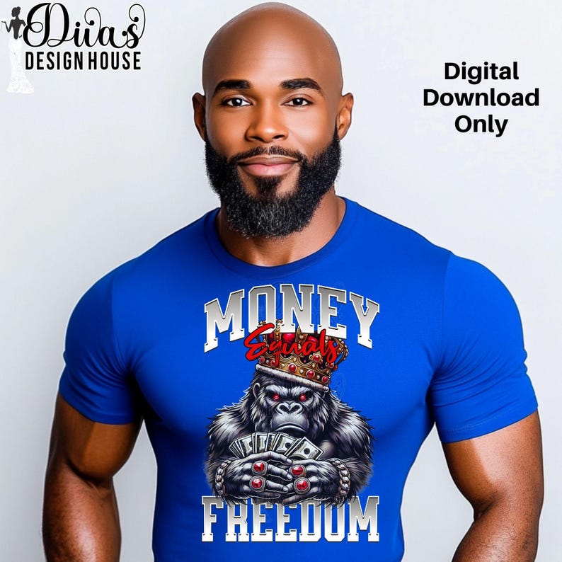 Digital download bundle preview featuring four hustle-themed designs, all with the phrase ‘Money Equals Freedom’ for t-shirts and apparel.”