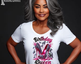 Birthday Queen PNG, Pink Glitter Heels Birthday Shirt Design, Glam Digital Download