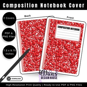 May include: Composition notebook cover with a red abstract design. The front cover has a label that says "COMPOSITION NOTEBOOK". The notebook measures 7.5 x 9.75 inches. Includes PDF and PNG files. The design house logo is visible.