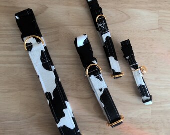 May include: Three black and white cow print dog collars with gold hardware. The collars are different sizes.
