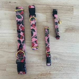 May include: Three pink and green patterned dog collars with gold hardware and black buckles. The collars are different sizes.