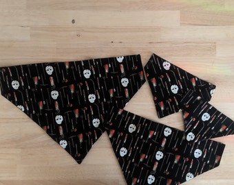 May include: Three black bandana neck scarves with a white and red print of a horror movie character's mask and various weapons.