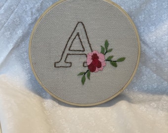 Letter A embroidered wall hanging - framed hand embroidery hoop art - home decor gift - gift for new home - Baby Gift - Wedding Gift