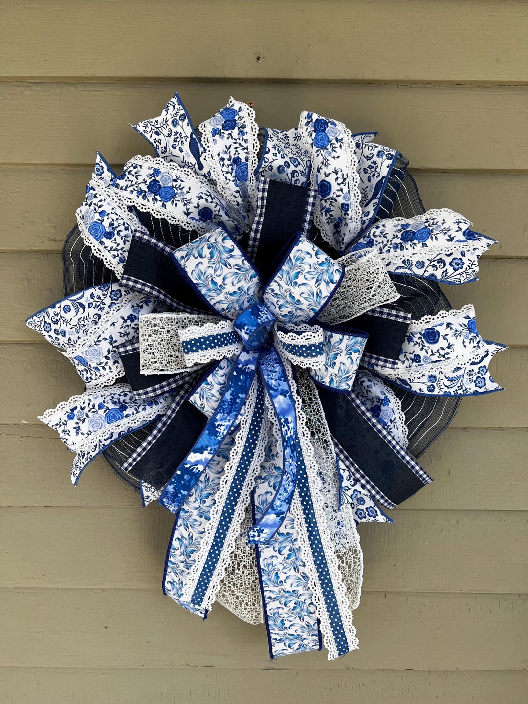 Blue and White Door Wreath – Slim Fit for Storm Door – Floral Lace and ...
