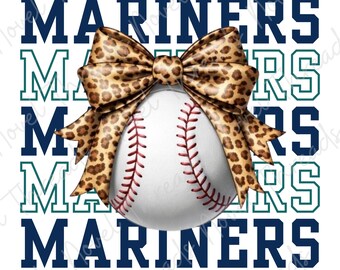 Mariners Baseball Leopard Bow PNG | Sublimatie honkbal moeder | DTF-overdrachtontwerp | Game Day-shirt, png-bestand | Digitale download sportmoeder
