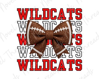 Red Wildcats Football Bow PNG | School Spirit Sublimation | Mascot Bow Game Day Shirt Design JPG | Cheer Bow | Football Mom | Glitter Bow
