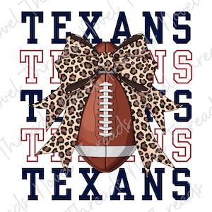 May include: A digital graphic featuring a brown football adorned with a leopard print bow. The word "TEXANS" is displayed in navy blue and red, creating a spirited design. The image is set against a clean white background.