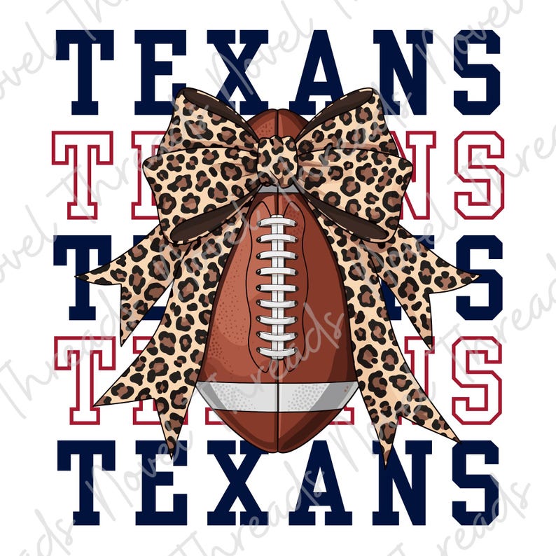 May include: A digital graphic featuring a brown football adorned with a leopard print bow. The word "TEXANS" is displayed in navy blue and red, creating a spirited design. The image is set against a clean white background.