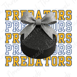 Puede incluir: Adorno de disco de hockey negro y brillante con un lazo plateado. La palabra "PREDATORS" está impresa en amarillo y azul sobre un fondo blanco. Un artículo decorativo para los fanáticos del hockey.