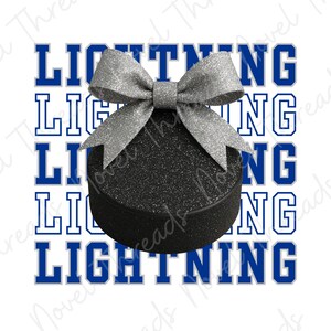 May include: A black glittery hockey puck topped with a large silver glittery bow. The background features the word LIGHTNING repeated in a bold blue block font with a grey outline, creating a layered graphic design centered behind the puck.