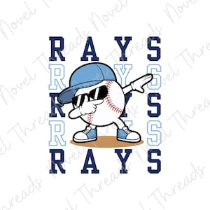 May include: A baseball character wearing sunglasses and a light blue cap, dabbing. The baseball has red stitching and is wearing blue sneakers. The word "RAYS" is displayed in blue and light blue font.
