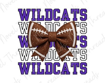 Purple Wildcats Football Bow PNG | School Spirit Sublimation | Mascot Bow Game Day Shirt Design JPG | Cheer Bow | Football Mom | Glitter Bow