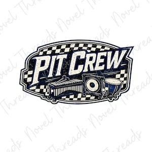 May include: A blue and white graphic design featuring the text "PIT CREW" in a distressed font. The design includes illustrations of a xylophone, speaker, and drum, set against a checkered background.