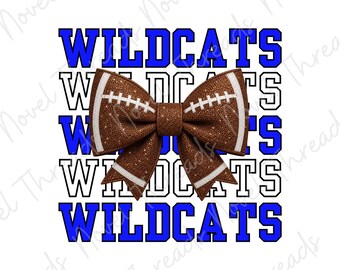 Blue Wildcats Football Bow PNG | School Spirit Sublimation | Mascot Bow Game Day Shirt Design JPG | Cheer Bow | Football Mom | Glitter Bow