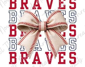 May include: A baseball-themed bow with red stitching and a cream-colored leather texture. The word "BRAVES" is displayed in red and blue block letters, repeated multiple times. The design is set against a white background.