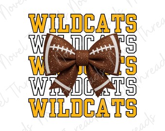 Gold Wildcats Football Bow PNG | School Spirit Sublimation | Mascot Bow Game Day Shirt Design JPG | Cheer Bow | Football Mom | Glitter Bow