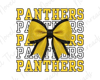 Glitterstrik van Yellow Panthers PNG | Strik met tijgermascotte voor school | Cheerleader voor leraar JPG | Sublimatieontwerp voor wedstrijddag | DTF-printbaar