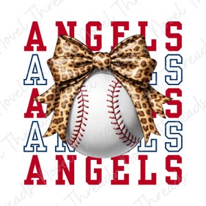 May include: A graphic design featuring a white baseball with red stitching centered behind a large leopard print bow. The word ANGELS is repeated in a bold, block-style font in red and blue, layered behind the central baseball and bow graphic.