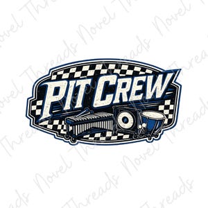 May include: Oval-shaped graphic with the words "PIT CREW" in distressed white lettering, framed by a blue and black checkered pattern. Features illustrations of a xylophone, speaker, and drum.