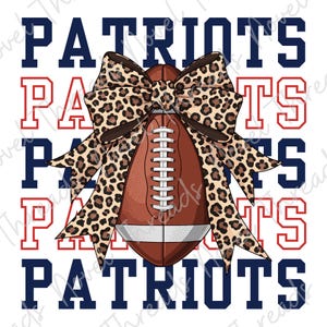 May include: A graphic design featuring a brown American football with white laces and a white stripe, centred behind a large leopard print bow. The word PATRIOTS is repeated in dark blue and red block lettering across the background.