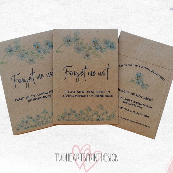 Forget me not personalised funeral, memorial seed packets, Brown kraft recycled funeral favours mini envelopes, In memory, with seeds.