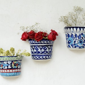 Wall Planter Set of 3 | Indoor & Outdoor Wall Decor | Blue Pottery Gift | Collectibles | High Quality Hand Printed Ceramic